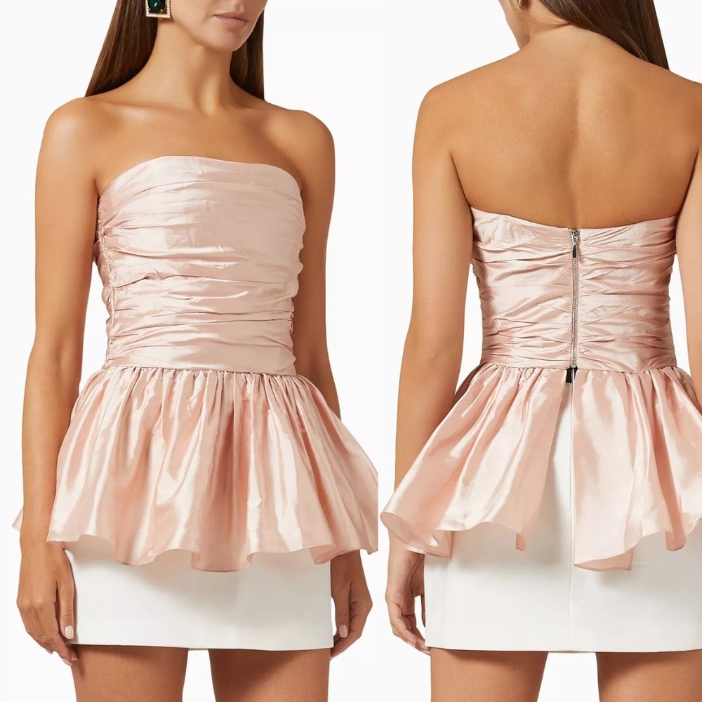 Rozie Corsets Pink 100%‎ Silk Ruched Strapless Draped Peplum Top Size 42